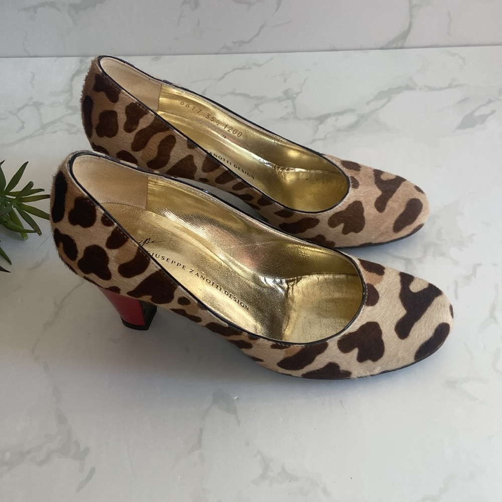 Luxury Giuseppe Zanotti Calf Hair Heel Pump Brown Tan Animal Print Fur Women's 5